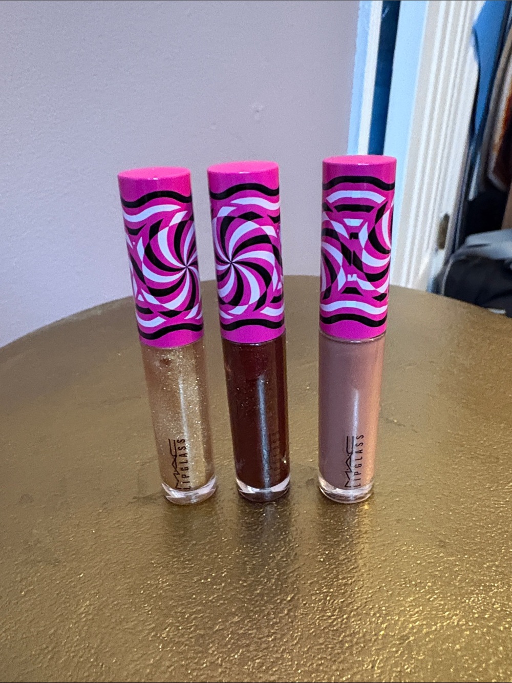 MAC Cosmetics Lipglass Set — Pink-Pattern Caps with Gold, Brown, Rose Glosses